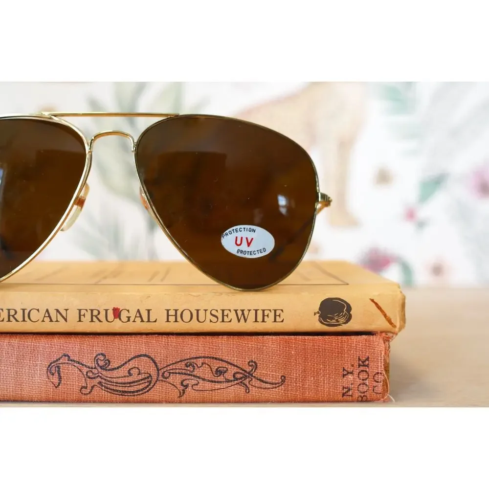 Vintage 1990s Aviator Sunglasses NOS Gold Tone Grandpa Pilot Outdoor Retro